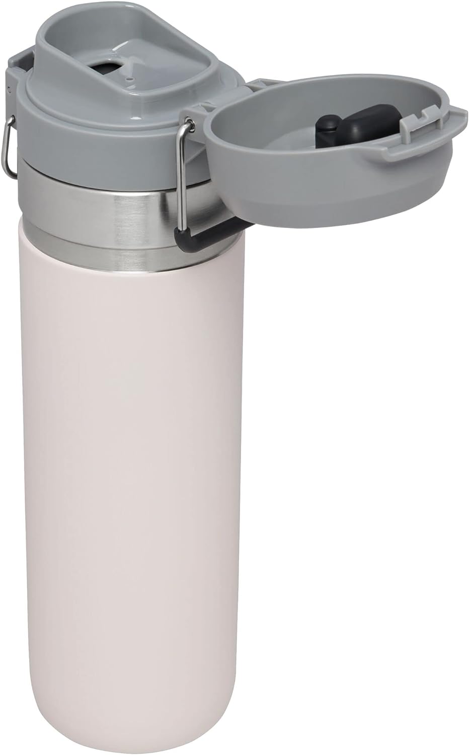 Stanley insulated stainless steel travel flask with push button lid open.