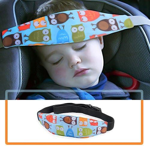 Luckyiren head support for stroller car seat front view featuring blue owl pattern