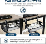 Before and after comparison of cluttered floor wires transformed into a neat workspace using the G.Sumiker XL cord hider tray.