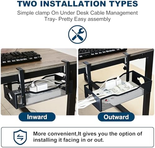 Before and after comparison of cluttered floor wires transformed into a neat workspace using the G.Sumiker XL cord hider tray.