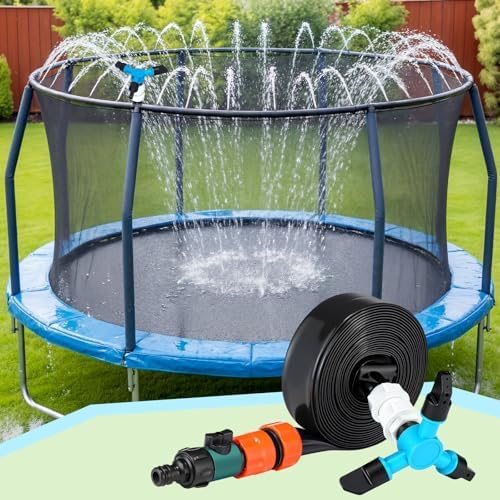 Fine water mist spraying from the multi-head rotating nozzle over an outdoor backyard play setup