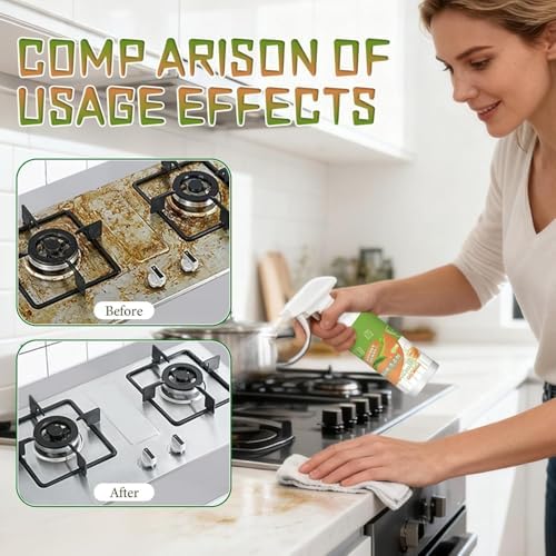 Hyginexh kitchen degreaser spray used on a stainless steel stove