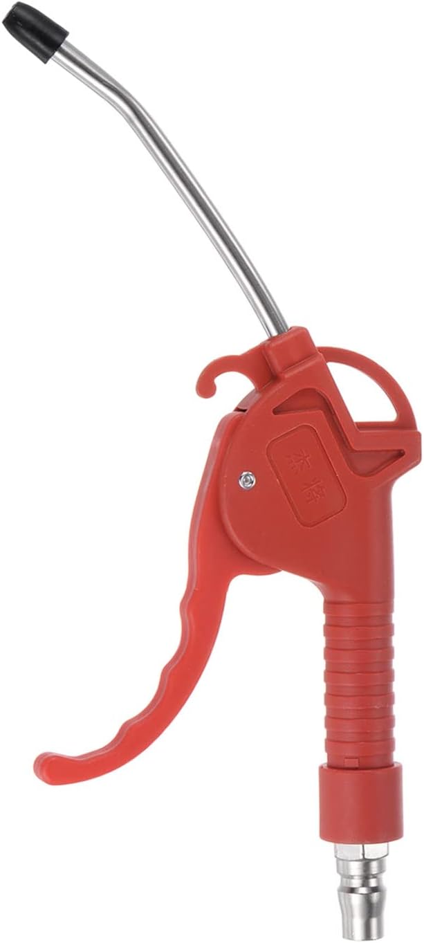 Generic stainless steel high pressure air blow gun front view showing the red handle and long angled nozzle for industrial dust cleaning.