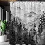 Top border of the QGHOT grey nature shower curtain displaying the reinforced metal grommets and included plastic hooks.