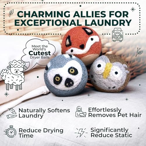 Six white organic New Zealand wool dryer balls for natural laundry softening.