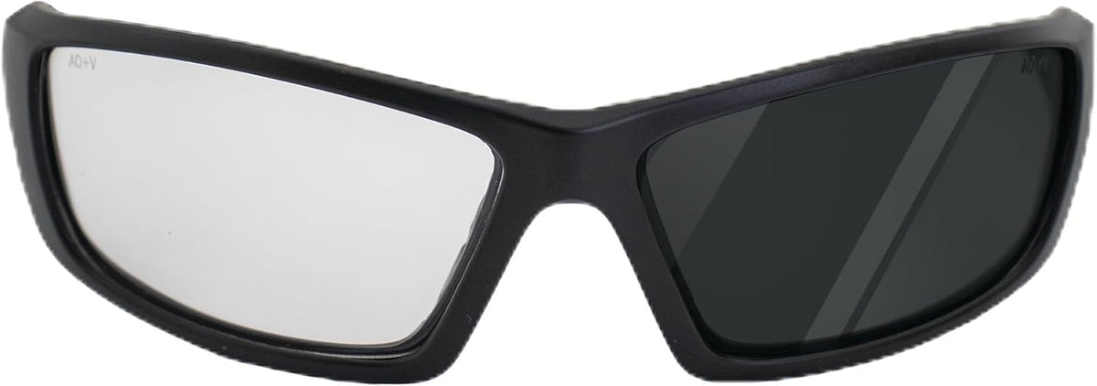 Alpha Omega AO2 photochromic motorcycle sunglasses front view showcasing the sleek black frame and clear transition lenses
