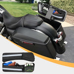 Rexmica hard case storage pouches installed inside a premium touring motorcycle saddlebag lid.