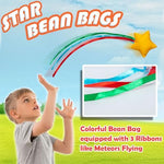 Kids playing with Zebnyya star bean bags in a backyard