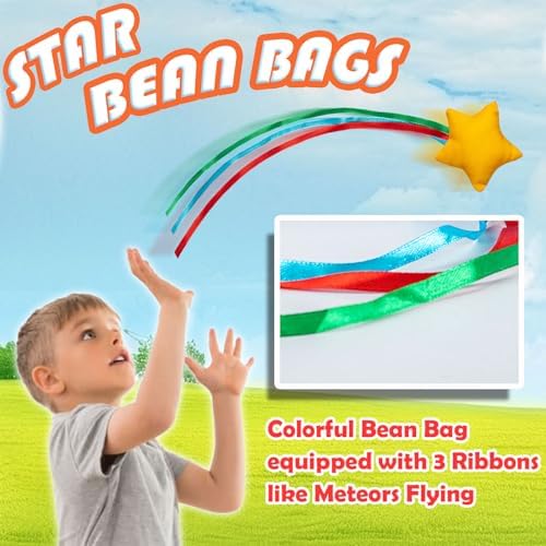 Kids playing with Zebnyya star bean bags in a backyard