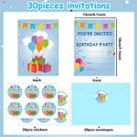 Chiazllta children party invite cards with matching envelopes and round sticker labels spread out