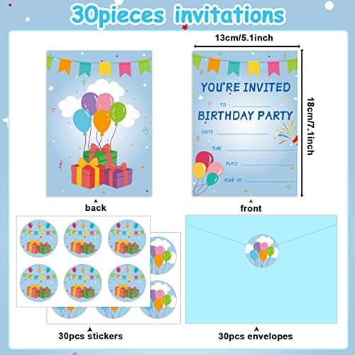 Chiazllta children party invite cards with matching envelopes and round sticker labels spread out