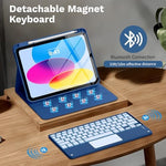 MoKo navy blue iPad protective case highlighting the adjustable viewing angles and anti slip slots.