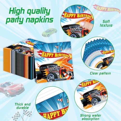 Vibrant sports car illustration on party plates and dessert napkins