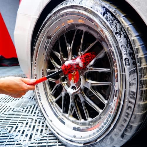 Close up of the soft synthetic wool brush head removing brake dust from premium alloy wheels