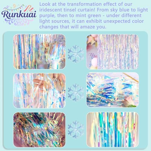 Runkuai multi colored shimmering foil fringe curtain being trimmed for DIY customization