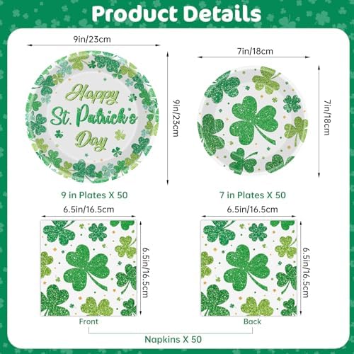 Green shamrock themed disposable plates and napkins close up