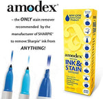 Portable four ounce Amodex bottle showing usage on various fabric types.