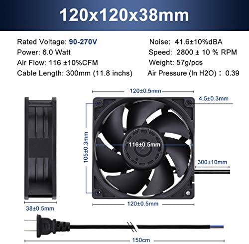 Wathai brushless cooling fan side profile showing thirty-eight millimeter thickness