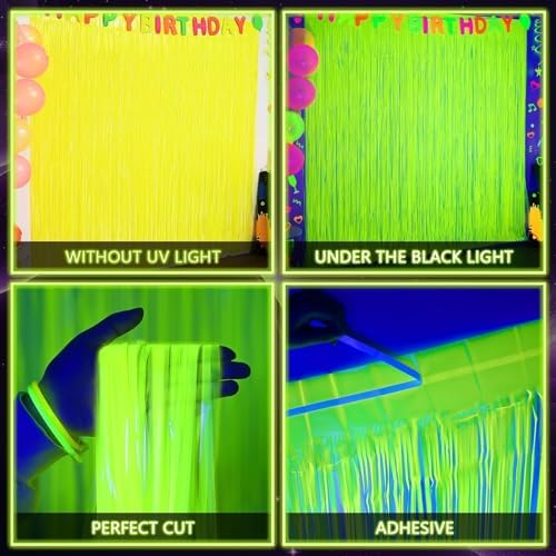 Glow photo backdrop setup using fluorescent yellow curtains behind a decorated dessert table
