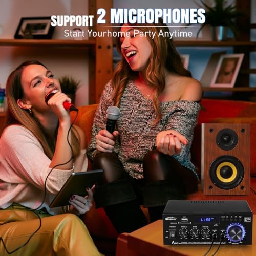 Woopker AK45 Pro mini amplifier demonstrating home theater speaker system setup and connection capabilities