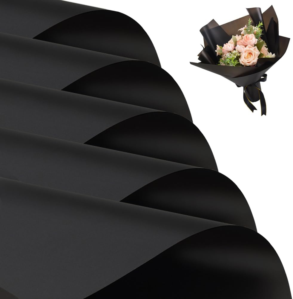 BEISHIDA 20 Pieces Black Floral Wrapping Paper front view of matte bouquet packaging sheet
