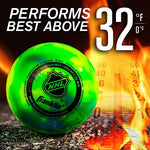 Six pack of official size street hockey balls neatly packed inside a mesh carry bag.