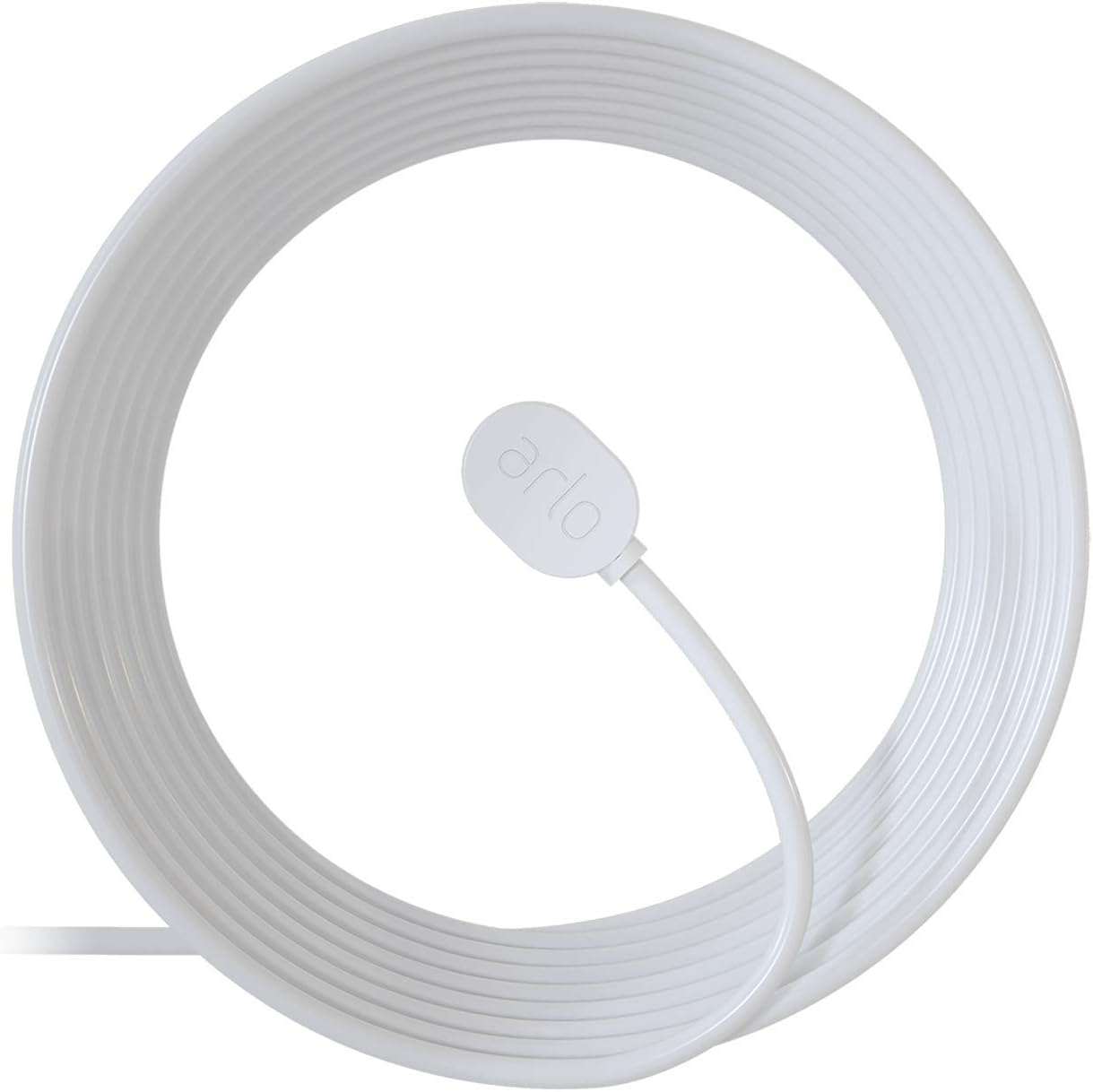 Arlo Outdoor Magnetic Charging Cable 25 feet front view showing white cable and pogo pin connector