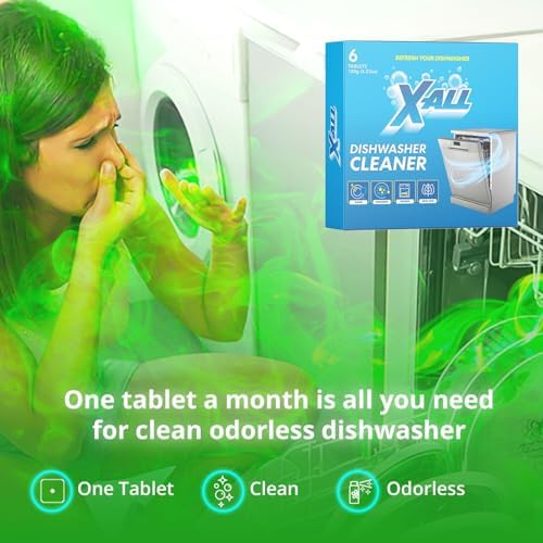 X-All dishwasher cleaning tablets beside a modern dishwasher