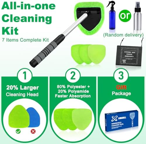 XINDELL Car Window Cleaning Kit showcasing the four reusable green microfiber pads included in the package.