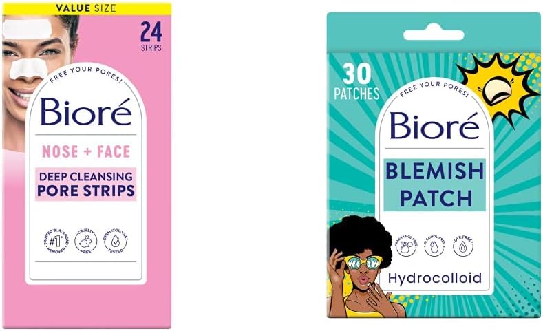 Biore Bundle of Pore Strips and Pimple Patches front view showing packaging and count details.