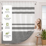 AmazerBath farmhouse bathroom curtain set showing the twelve included rustproof hooks installed on a rod.