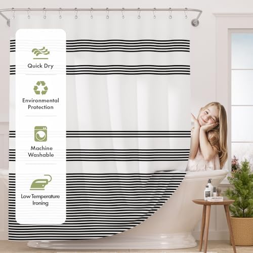 AmazerBath farmhouse bathroom curtain set showing the twelve included rustproof hooks installed on a rod.