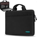 Hseok laptop sleeve front view showing sleek water resistant black exterior with brand logo
