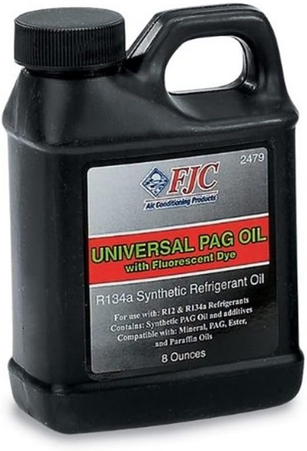 FJC 2479 Universal Polyalkylene Glycol compressor oil eight fluid ounce bottle front view for automotive air conditioning leak detection