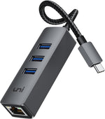 Uni USB C to Ethernet adapter front view showing aluminum hub housing