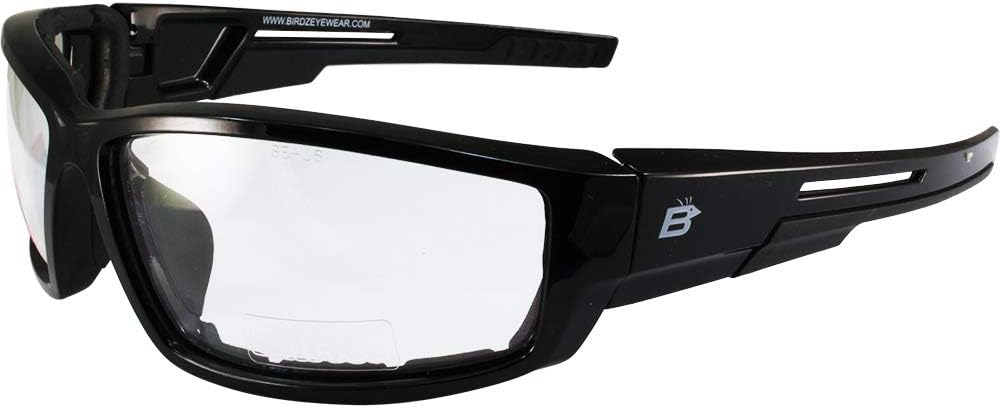 Birdz Eyewear Swoop motorcycle sunglasses front view showcasing black frame and yellow lenses