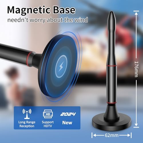 Oaitree television antenna demonstrating the upgraded magnetic base attached securely to a surface.