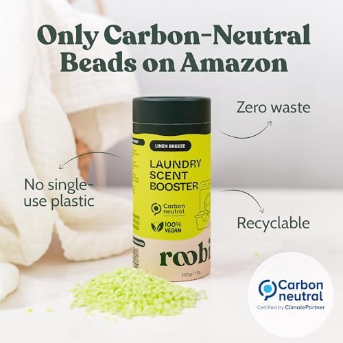 Roobi eco friendly vegan laundry fragrance crystals packaging showing twenty wash cycles