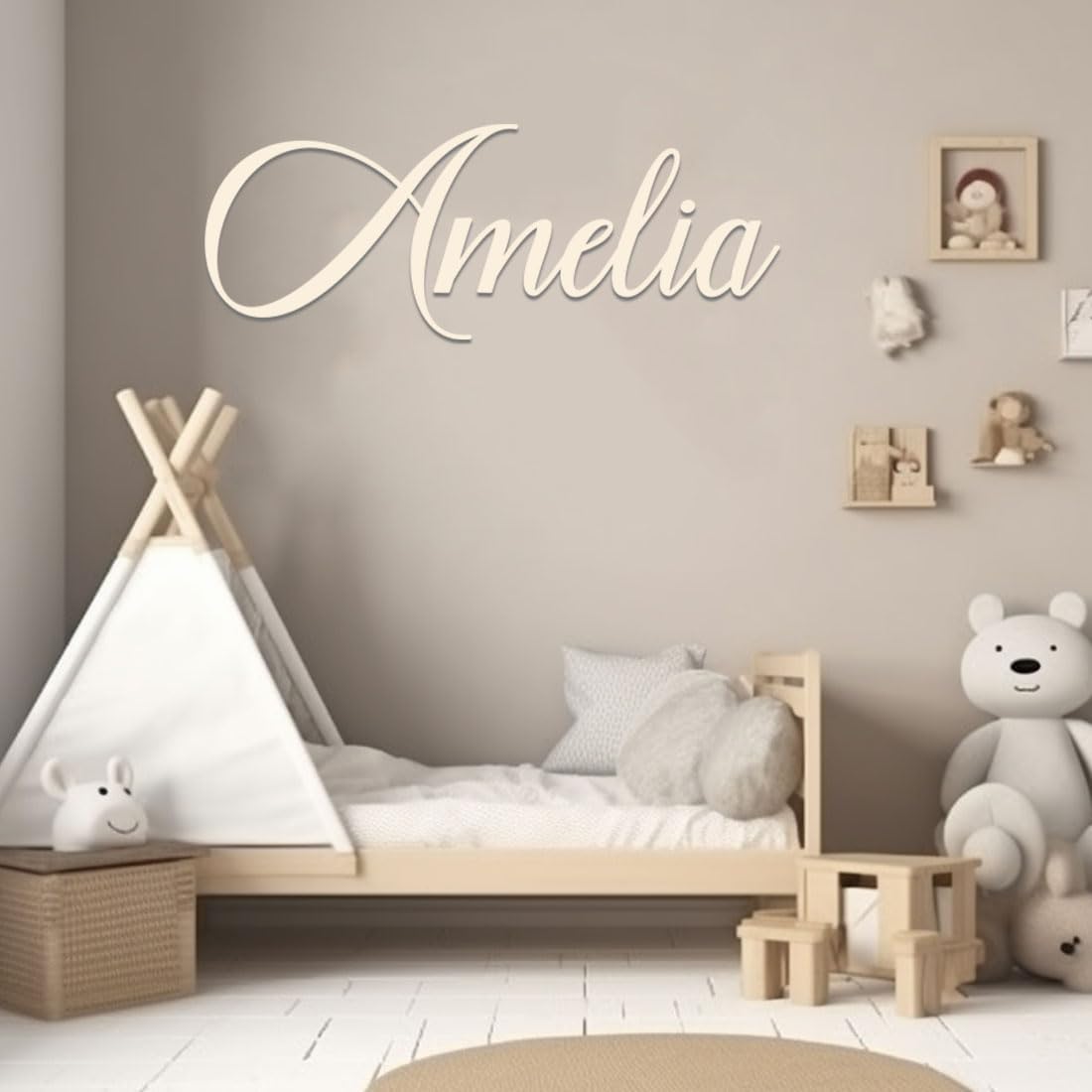 Andaz Press Custom Wooden Name Sign front view mounted on a neutral nursery room wall.