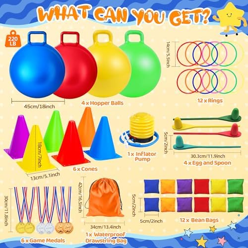 Children playing with Joy Spot hopper balls and relay set