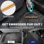 Pet hair removal tool being used on a living room carpet.