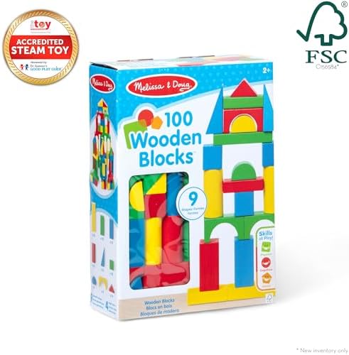 FSC certified wooden construction set arranged into a colorful toy castle structure.