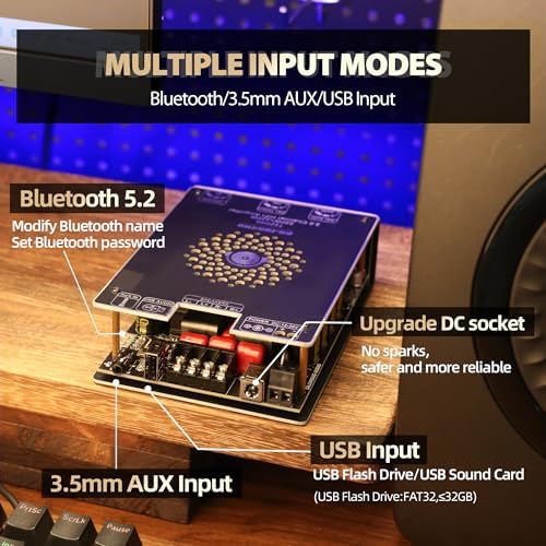 Rear terminal layout of the 2.0 channel stereo amplifier showing power inputs