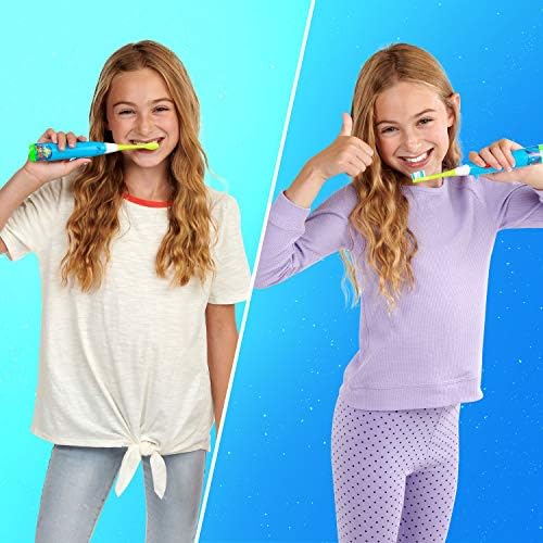BriteBrush smart kids toothbrush purple and green replaceable soft bristle brush heads close up view