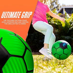 Nerf seven inch indoor safe soccer ball placed on a wooden living room floor.
