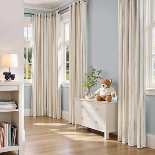 Jinchan cottage core rustic pinstripe window treatment filtering soft afternoon sunlight in a beautifully decorated kids playroom.
