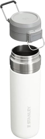 Stanley insulated stainless steel travel bottle showing the push button lid mechanism
