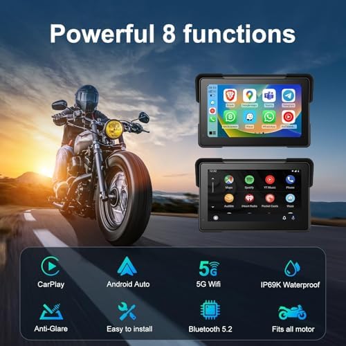 AotuLink wireless motorcycle display undergoing a water splash test to demonstrate the IP67 weatherproof rating.