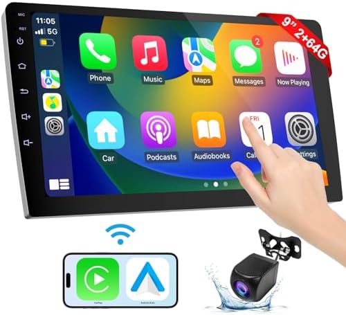 Haudio double din car stereo showing wireless android auto navigation map screen.