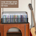 Versatile tabletop media display rack holding video game cases and office documents.